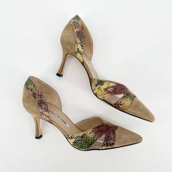 Manolo Blahnik Tan Suede Snakeskin PVC Cutout Pointed Toe D'Orsay Heel IT 36 - Picture 3 of 11